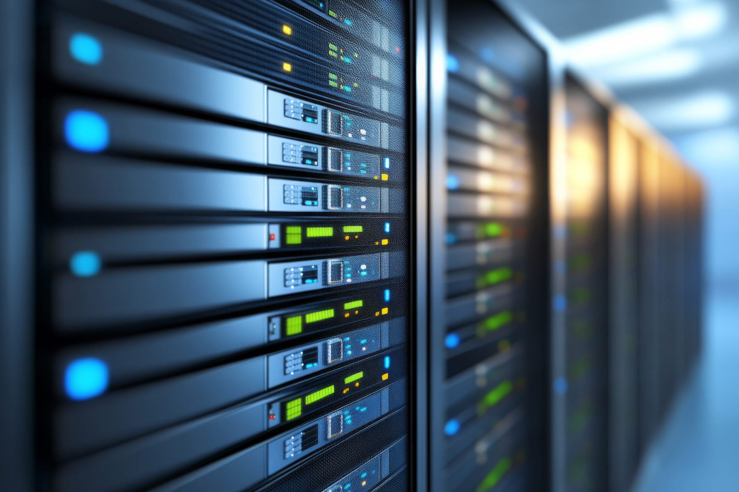 失敗しないサーバ移転手順の完全ガイド|初心者向けチェックリスト付き A high-tech server rack features blinking blue and green lights and organized cables, with space on the right for extra information