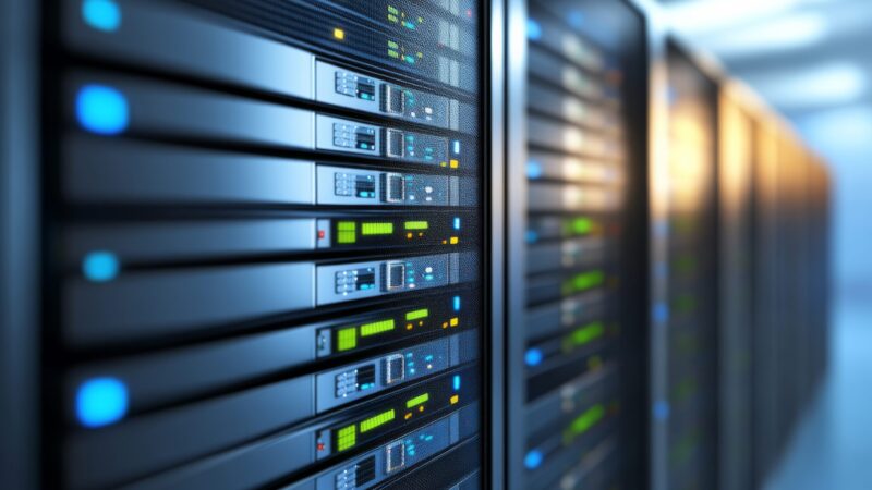 株式会社SIBLAB | 失敗しないサーバー移管の手順｜ダウンタイムを最小限に抑えるプロの秘策 _ A high-tech server rack features blinking blue and green lights and organized cables, with space on the right for extra information